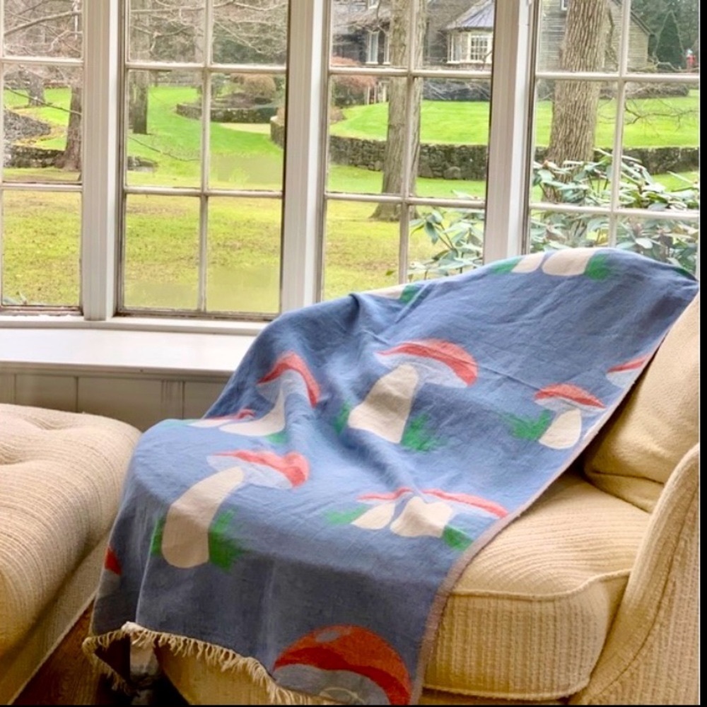 FLiPSiDE Loom Weave Throw Blanket Red Mushroom Teal Mushroom Organic Cotton NEW - Picture 4 of 16